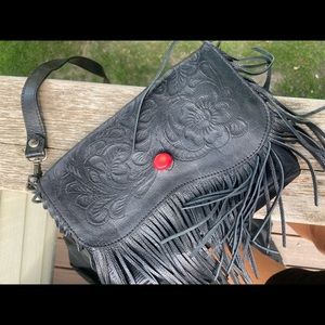 Real black leather fringe western purse with embossed flowers